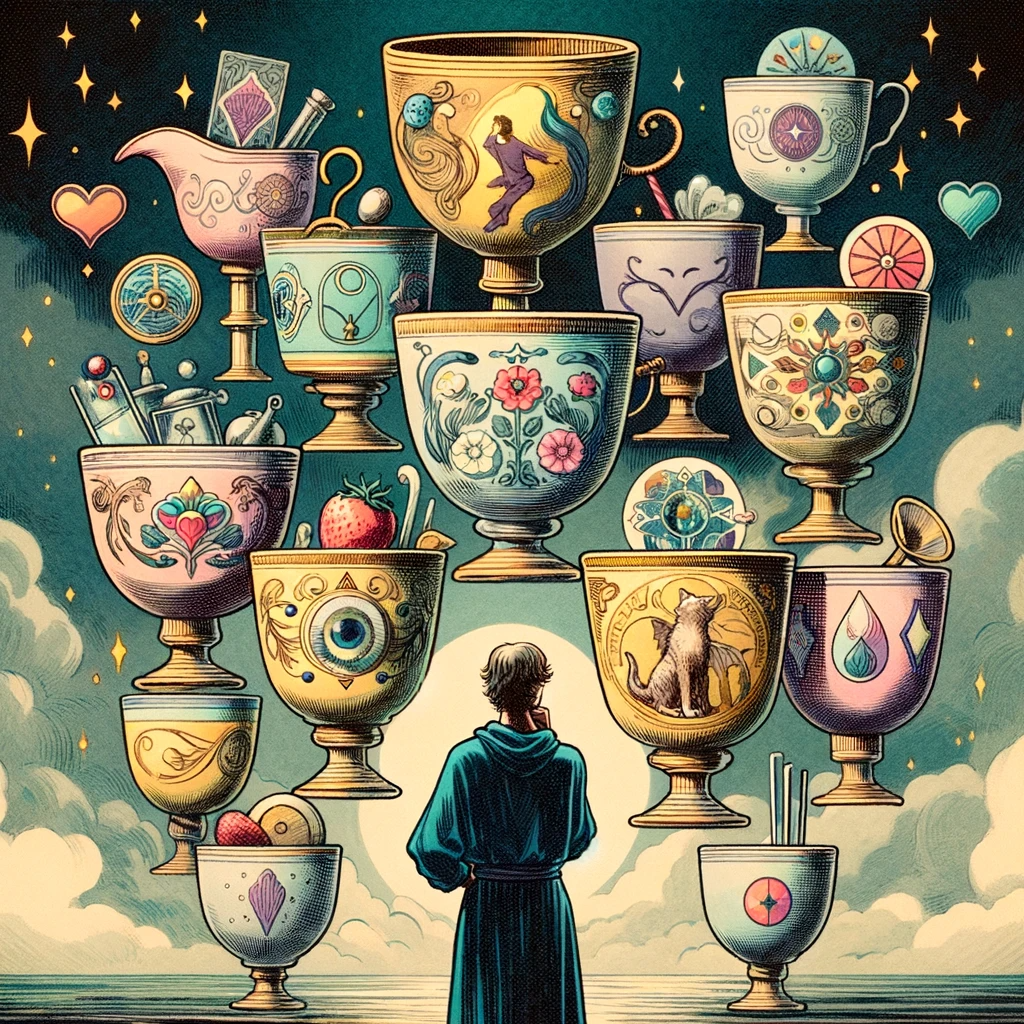 正位置-カップの7(2)‐DALL·E 2023-12-25 12.19.55 - Illustration of the Seven of Cups tarot card, featuring seven distinct cups and a person contemplating them. Each cup is filled with various symbolic