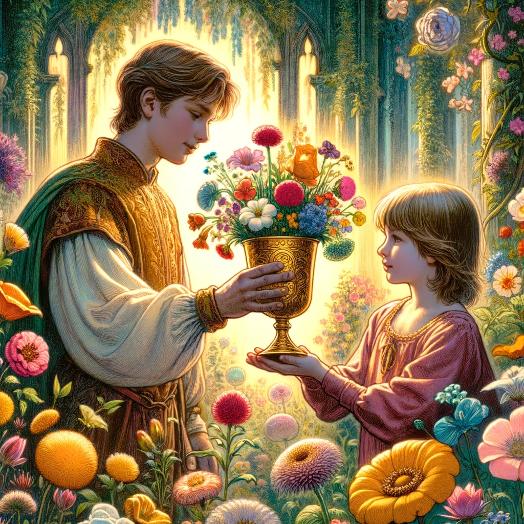正位置-カップの6(2)‐DALL·E 2023-12-25 12.13.43 - The Six of Cups tarot card, depicting an older boy handing a cup filled with flowers to a young girl. The boy, in traditional medieval attire, offers