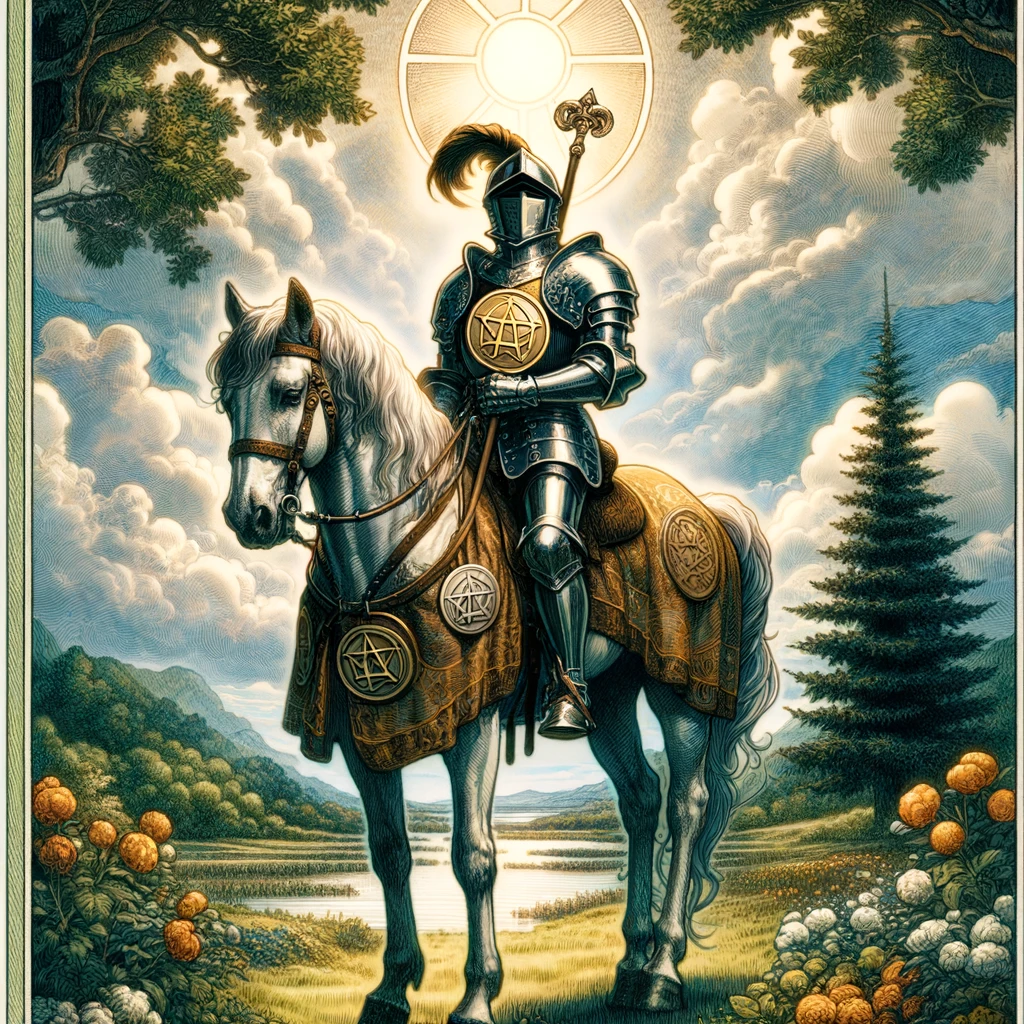 正位置-ペンタクルのナイト(2)‐- Illustrate the Knight of Pentacles from the tarot deck, emphasizing themes of diligence, responsibility, and practical achievements. The knight is dep