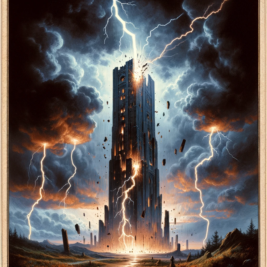 正位置-塔(2)‐DALL·E 2023-12-15 22.15.46 - A tarot card illustration titled _The Tower_. It depicts a tall, imposing tower struck by lightning against a dramatic stormy sky. The tower, made of