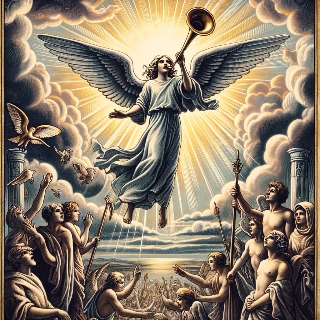 正位置-審判(2)‐DALL·E 2023-12-19 12.11.15 - A traditional and detailed depiction of the Judgement tarot card. The central figure is an angel in the sky, blowing a large trumpet, symbolizing a ca