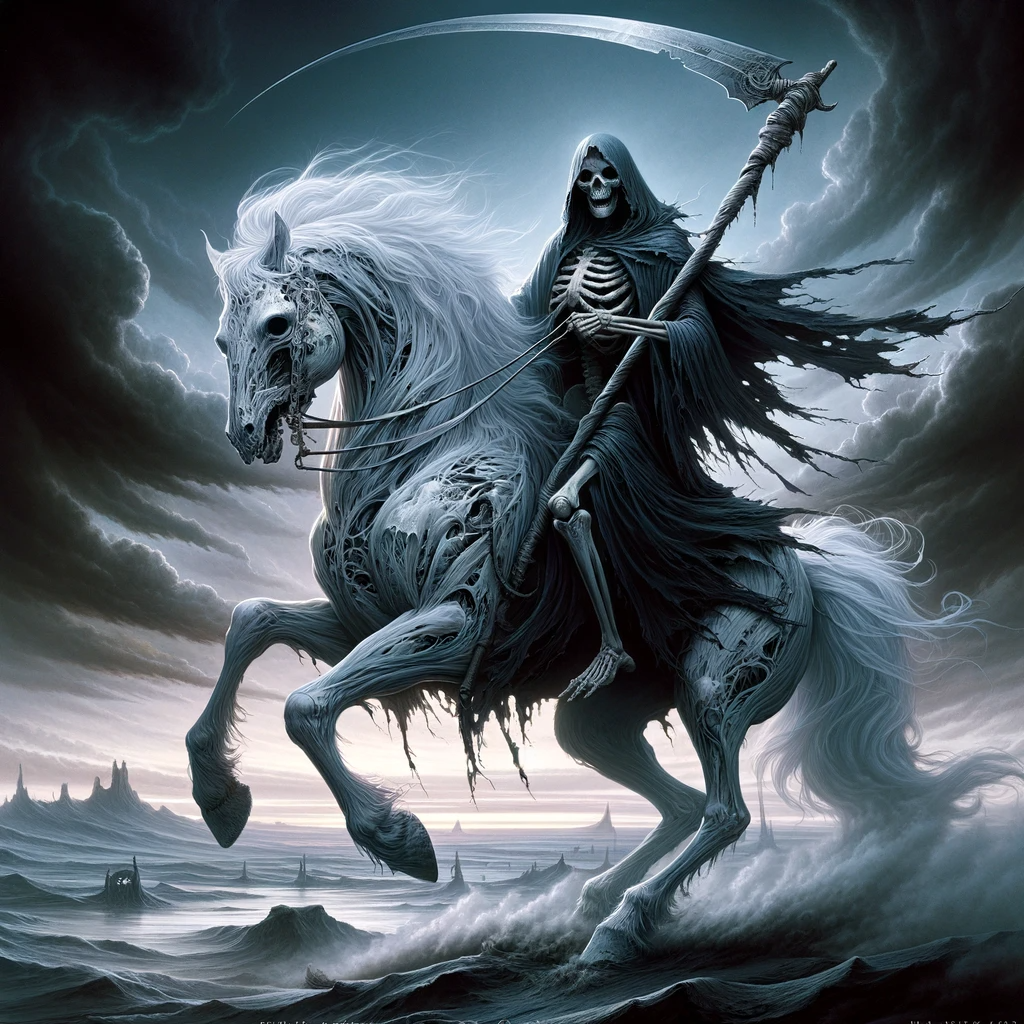 正位置-死神(2)‐DALL·E 2023-12-14 14.15.02 - An imaginative and striking depiction of the Tarot card _Death_, specifically portraying a _Death Knight_ on a white horse. The central figure is a me