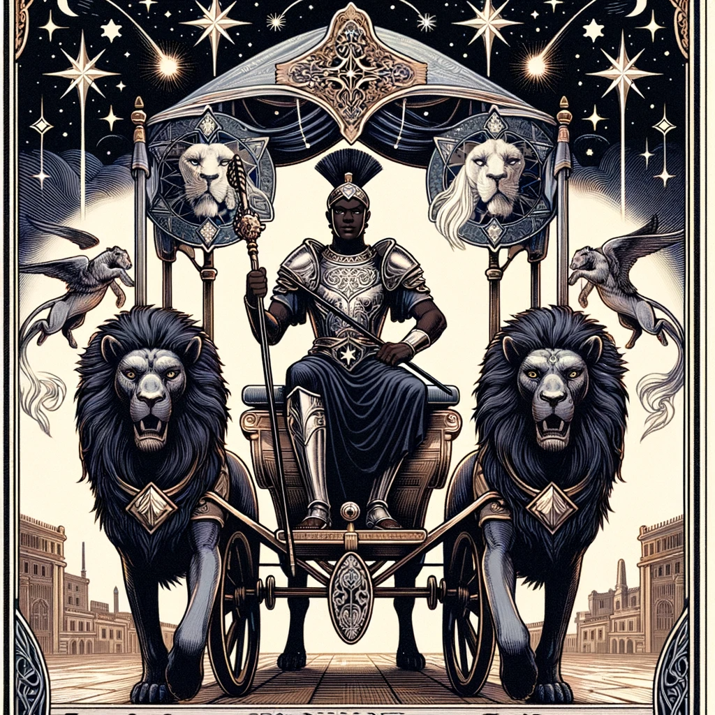 正位置-戦車(2)‐DALL·E 2023-12-12 12.07.46 - A dynamic and powerful illustration of the _Chariot_ tarot card, featuring a confident and determined figure, of Black descent, driving a magnificent