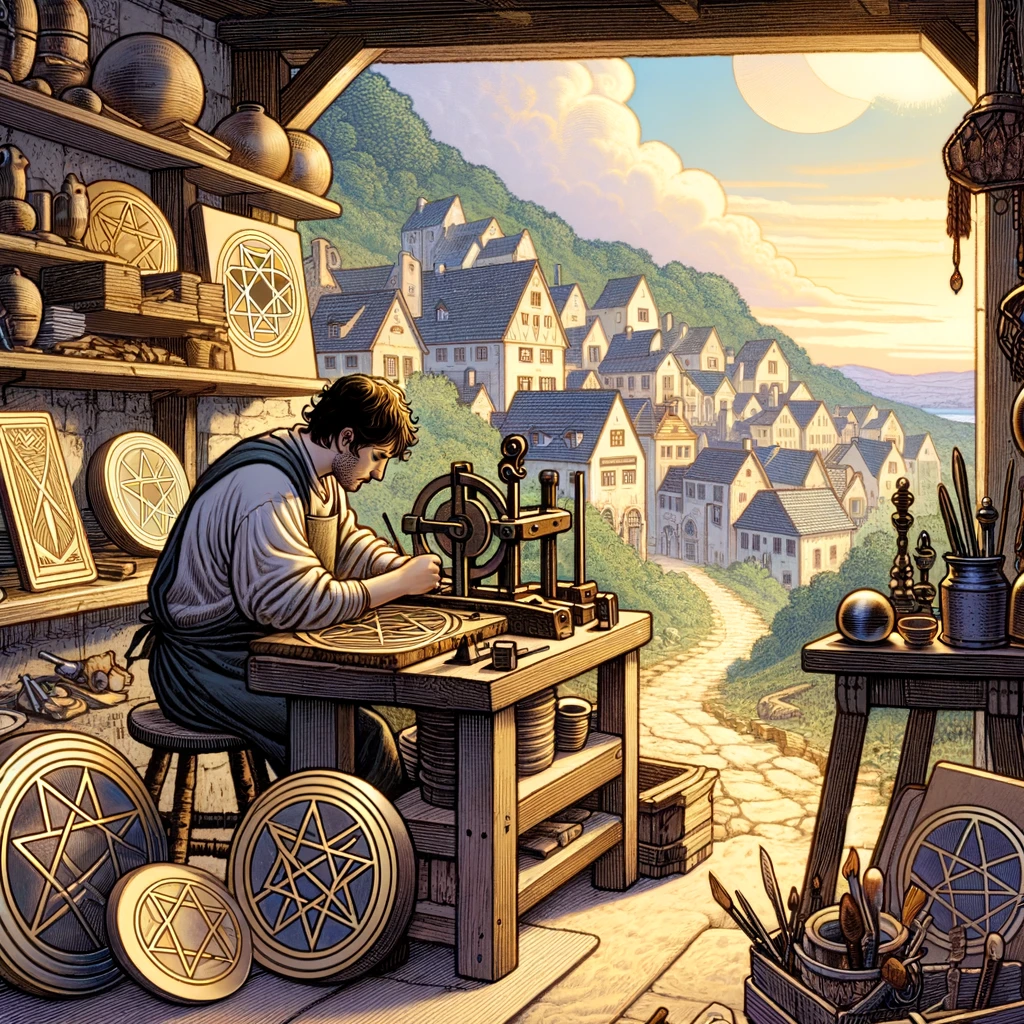 正位置-ペンタクルの8(2)‐DALL·E 2024-02-26 15.50.30 - Create an illustration of the Eight of Pentacles tarot card focusing on a diligent artisan silently crafting pentacles in their workshop. Behind the a