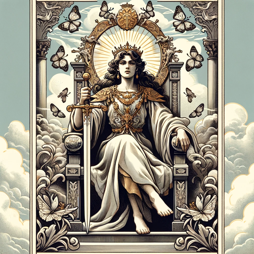 正位置-ソードのクイーン(2) - A tarot card depicting the _Queen of Swords_, showing a regal and intellectual figure seated on a throne, holding a sword upright in one hand. The Que