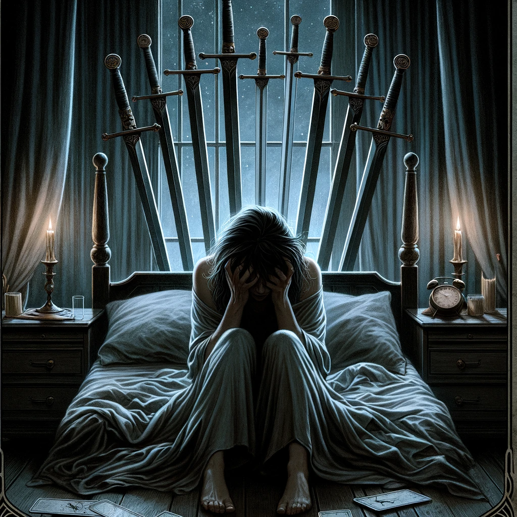 正位置-ソードの9(2)‐DALL·E 2024-01-22 11.26.23 - A reinterpretation of the _Nine of Swords_ tarot card, showing a woman in a state of distress. She is sitting up in bed, her face buried in her hands,