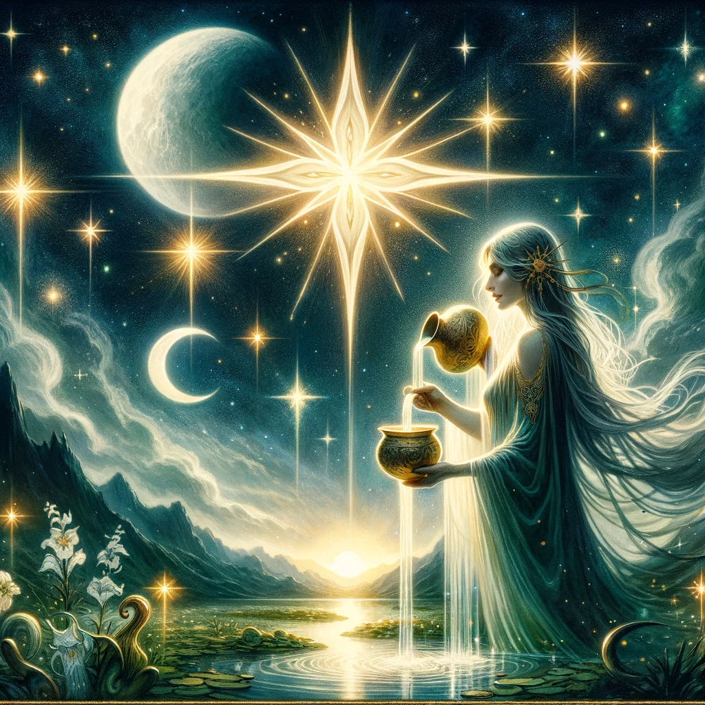 正位置-星(2)‐DALL·E 2023-12-15 22.14.43 - A tarot card illustration titled _The Star_. It features a serene night sky with twinkling stars and a crescent moon. In the foreground, a mystical, e