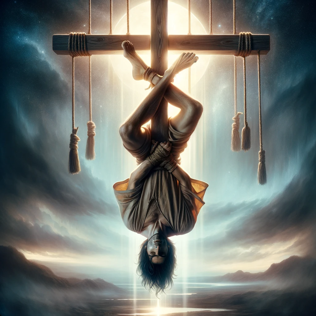 正位置-吊るされた男(2)‐DALL·E 2023-12-14 14.11.21 - A striking and mystical depiction of the Tarot card _The Hanged Man_, traditionally known in Japanese as _Sakasa Tsuri no Otoko_. The central figure,