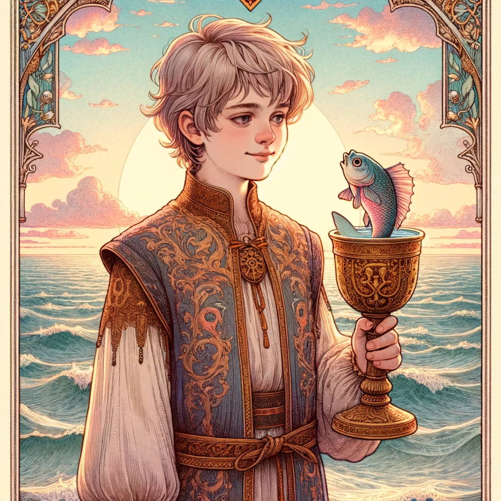 正位置-カップのペイジ(2)‐DALL·E 2024-01-15 10.18.44 - A tarot card illustration of _Page of Cups_ featuring a young boy standing in front of the sea. The boy, dressed in medieval, ornate clothing, has a g
