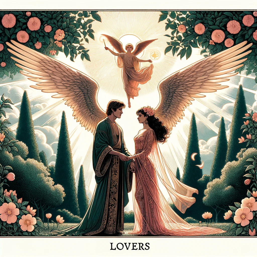 正位置-恋人(2)‐DALL·E 2023-12-12 12.03.42 - A romantic and symbolic illustration of the _Lovers_ tarot card, featuring a man and a woman standing beneath a radiant sun, symbolizing warmth, growt