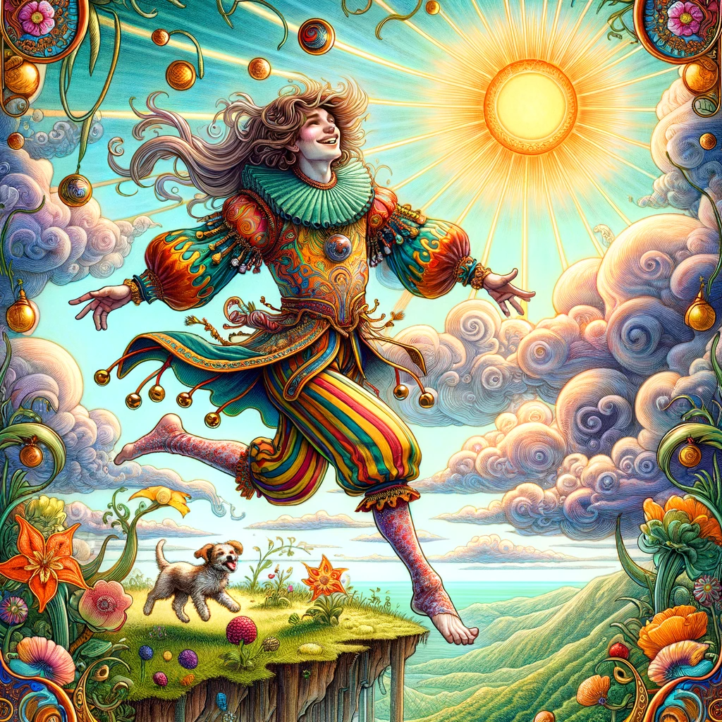 正位置-愚者(2)‐DALL·E 2023-11-30 16.05.51 - A detailed illustration of the Tarot card _The Fool_, set in a fantastical, dream-like landscape. The Fool is depicted as a youthful, androgynous indi