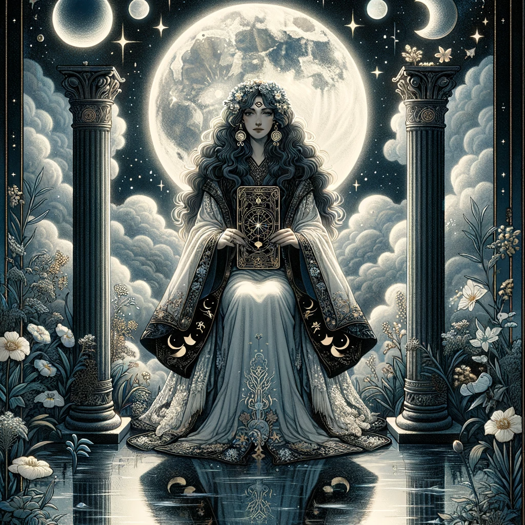 正位置-女教皇(2)‐DALL·E 2023-11-30 16.09.26 - A beautifully detailed illustration of the Tarot card _The High Priestess_, set in a serene, mystical setting. The High Priestess is depicted as a dig