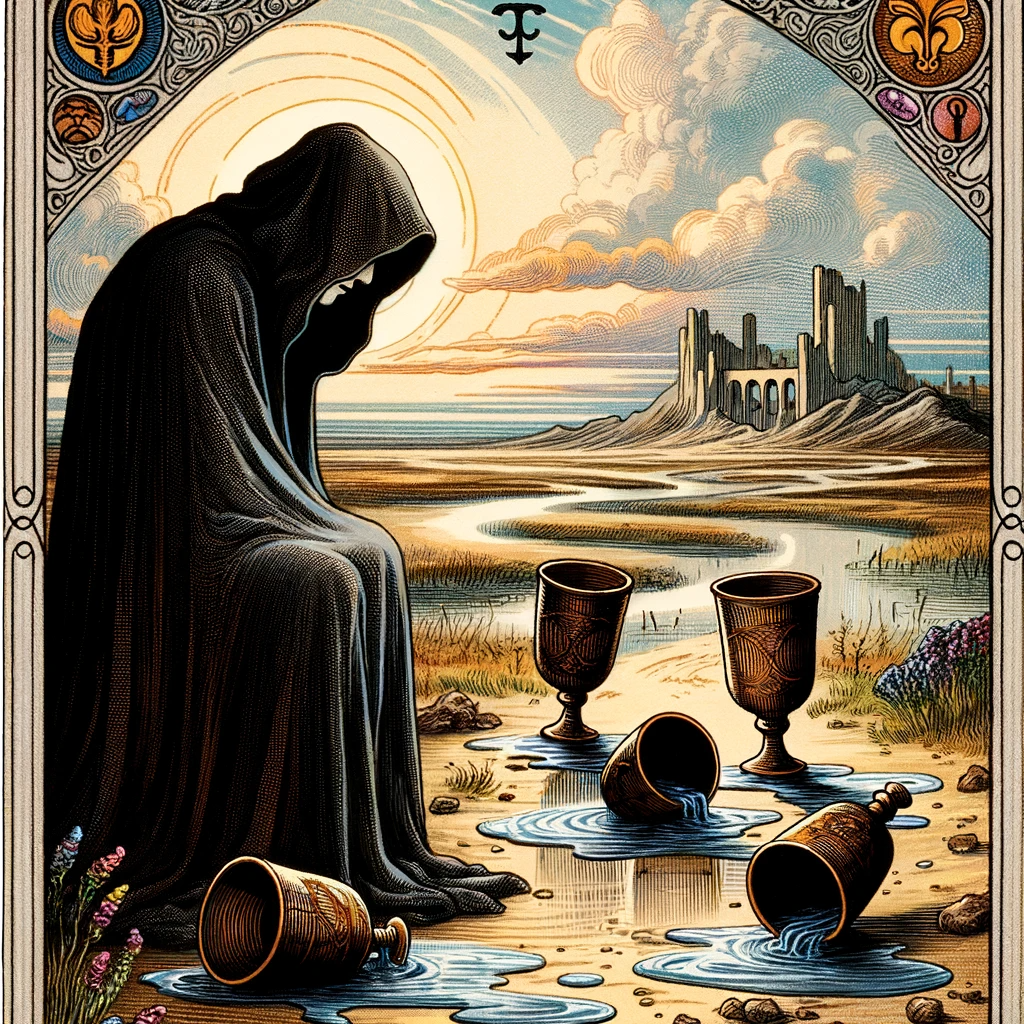 正位置-カップの5(2)‐DALL·E 2023-12-21 16.42.31 - A tarot card depicting the _Five of Cups_. The card features a cloaked figure looking down at three spilled cups in the foreground, symbolizing loss,