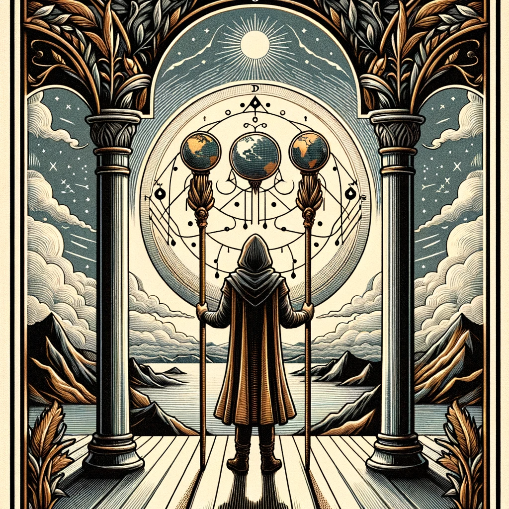 正位置-ワンドの2(2)‐DALL·E 2023-12-19 12.19.11 - A detailed and symbolic depiction of the Two of Wands tarot card in a traditional style. The card features a figure standing between two large wands,