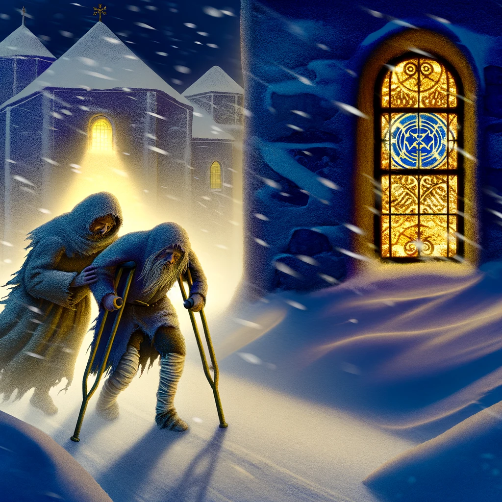 正位置-ペンタクルの5(2)‐DALL·E 2024-02-26 15.30.53 - Create a deeply moving illustration of the Five of Pentacles tarot card, emphasizing the themes of poverty, isolation, and the search for comfort. Thi