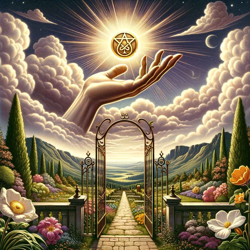 正位置-ペンタクルの1(2)‐DALL·E 2024-02-25 21.48.23 - A divine hand radiating light gracefully extends from a cloud, elegantly holding a pentacle. This singular, uninterrupted scene overlooks a well-maint