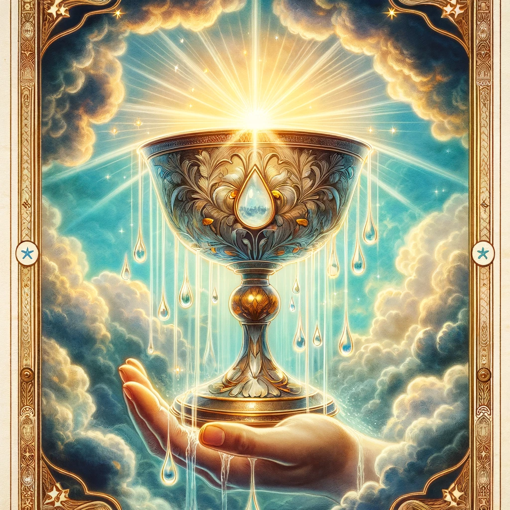 正位置-カップの1(2)‐DALL·E 2023-12-21 11.57.40 - A tarot card depicting the _Ace of Cups_, featuring a holy chalice resting in a divine hand. The card shows a large, intricately designed chalice over