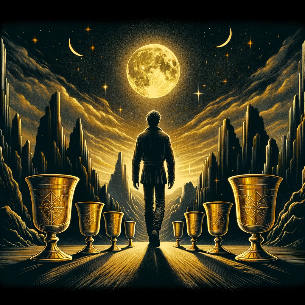 正位置-カップの8(2)‐DALL·E 2023-12-27 14.18.34 - A tarot card depicting _Eight of Cups_ with a specific scene. It features a male figure leaving the scene, with eight golden cups arranged in the fore