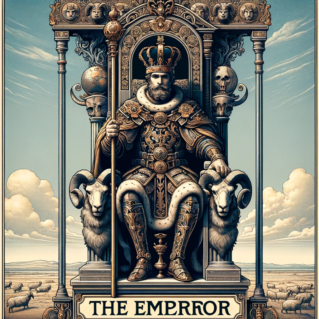 正位置-皇帝(2)‐DALL·E 2023-12-12 11.57.05 - A detailed illustration of the _Emperor_ tarot card, featuring a regal and powerful figure sitting on a large, ornate throne. The Emperor is dressed i